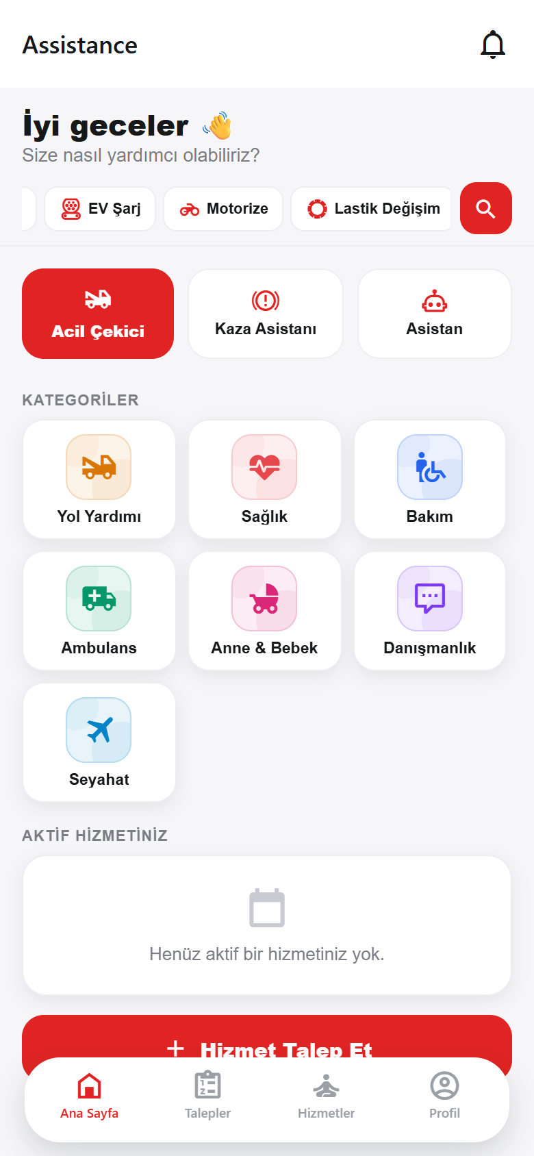 Assistance müşteri uygulaması ana ekranı
