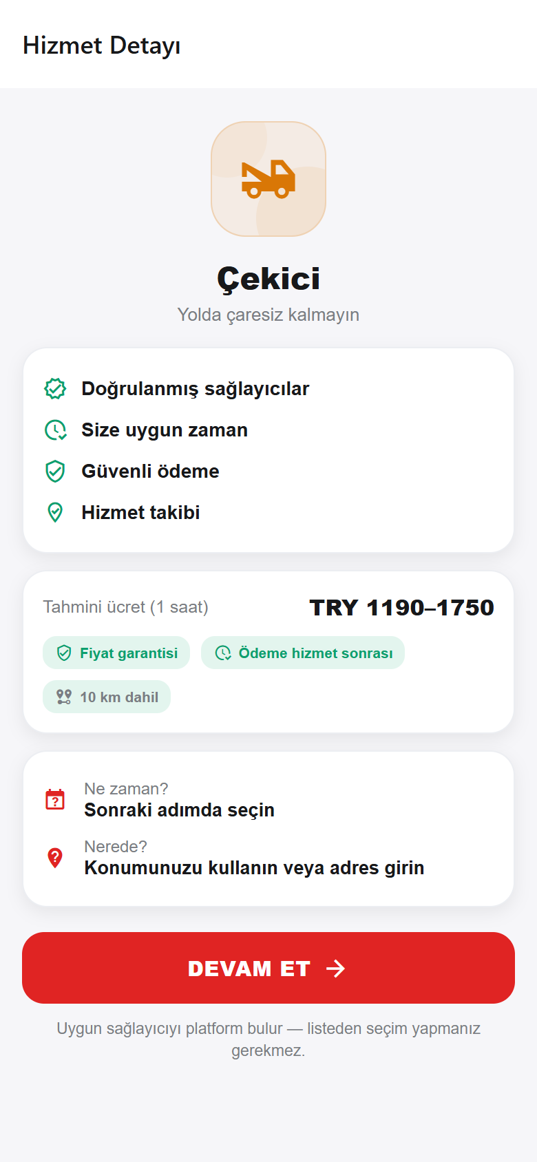 Hizmet detayı ve tahmini ücret