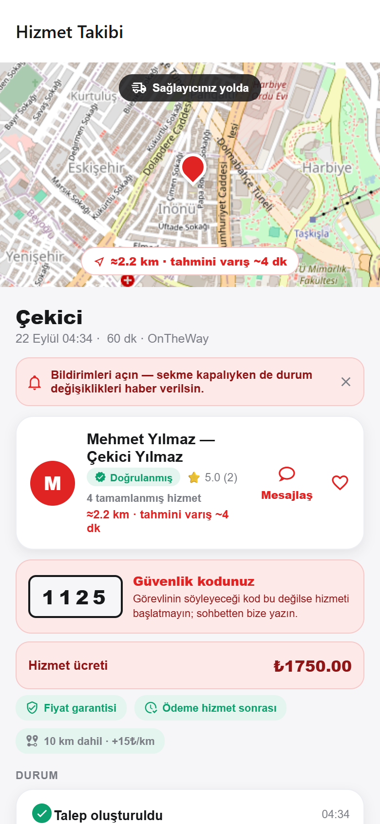Canlı hizmet takibi: sağlayıcı yolda, tahmini varış ve zaman çizelgesi